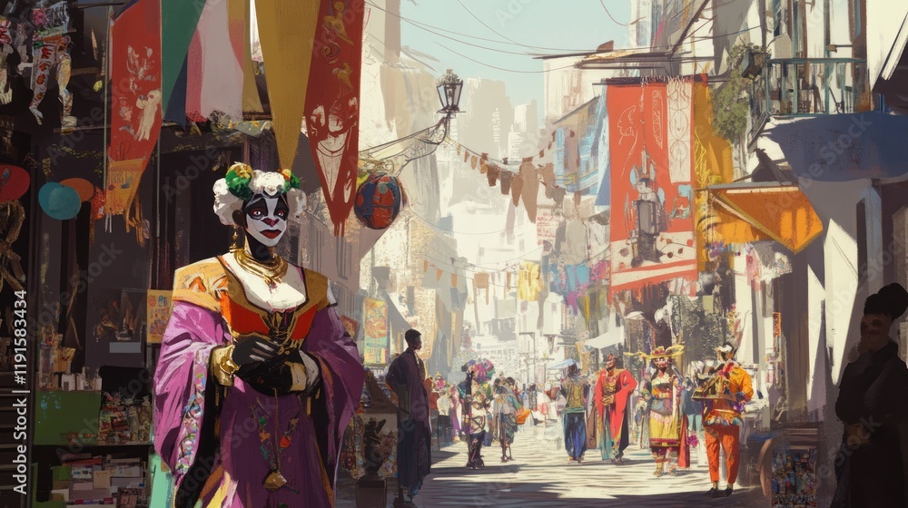 Obraz premium A vibrant street scene with colorful banners, a person with unique face paint, and other people walking