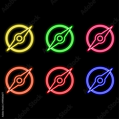 Neon map pin icon icons in blue and grove color on a brick wall. A concept for navigation.