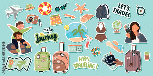Traveling elements set isolated on white. Family tourists, suitcases and backpack, map, summer clothes, passport, tickets, plane. Vector objects with cut out shapes for collage. Flat color style.