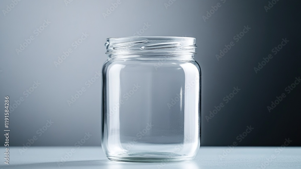 Clear glass jar with lid on smooth grey surface Clear glass jar with lid on smooth grey surface