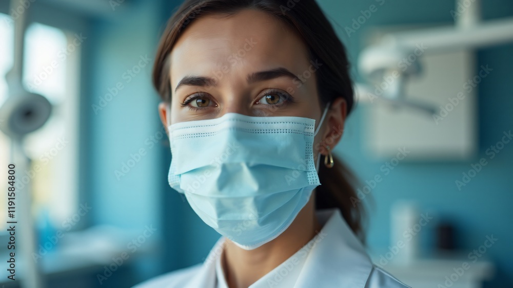 Portrait of a dentist in a clean white coat, blurred dental clinic setting. Focused, calm expression reflects precision and care. No hands shown. Portrait of a dentist in a clean white coat, blurred dental clinic setting. Focused, calm expression reflects precision and care. No hands shown.