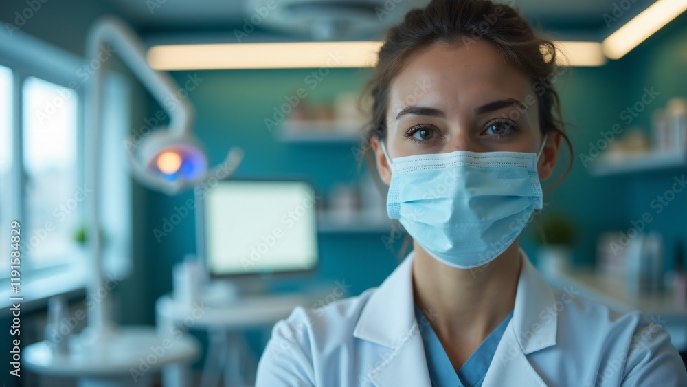 Portrait of a dentist in a clean white coat, blurred dental clinic setting. Focused, calm expression reflects precision and care. No hands shown. Portrait of a dentist in a clean white coat, blurred dental clinic setting. Focused, calm expression reflects precision and care. No hands shown.