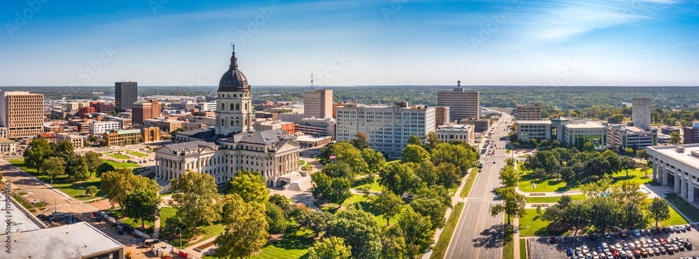 Aerial panorama of Topeka and Kansas State Capitol. Topeka is the capital city of the U.S. state of Kansas and the county seat of Shawnee County