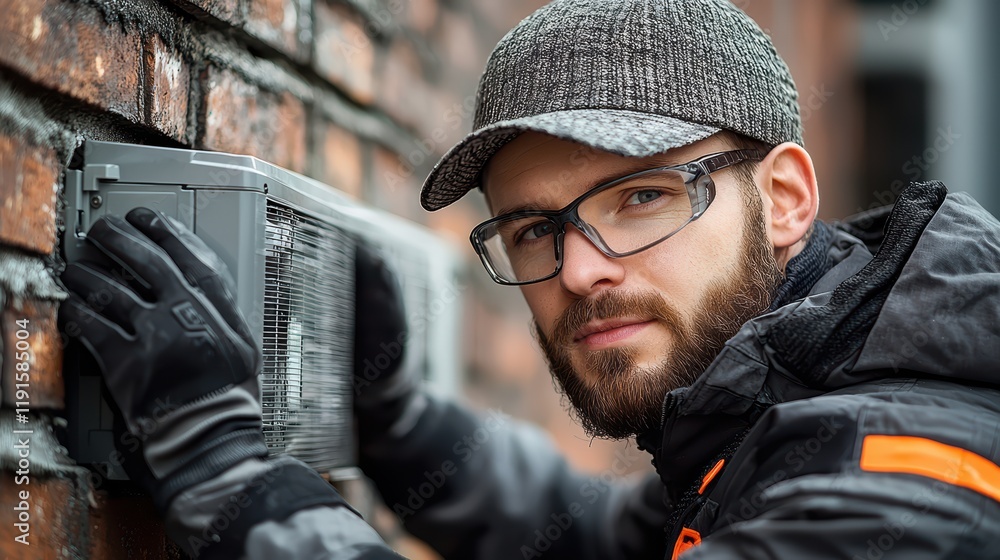 Obraz premium Young caucasian male technician installing outdoor electrical equipment