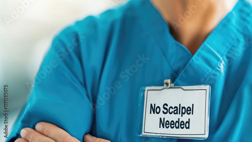 Person in medical attire with sign reading 
