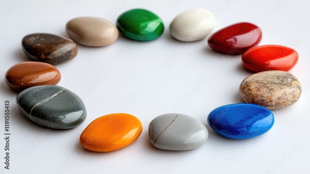 Colorful polished stones arranged in circular pattern on white background Colorful polished stones arranged in circular pattern on white background
