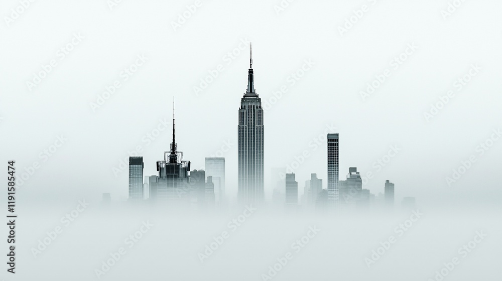 Obraz premium Foggy city skyline, skyscrapers in mist.