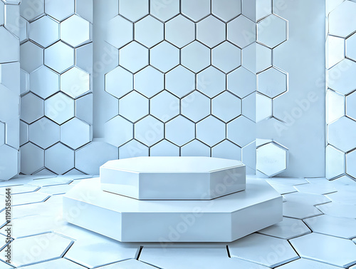 Clean, minimalist studio backdrop. Twotiered octagonal podium against a hexagonal tile wall. Ideal for product displays, presentations, and modern design projects. photo