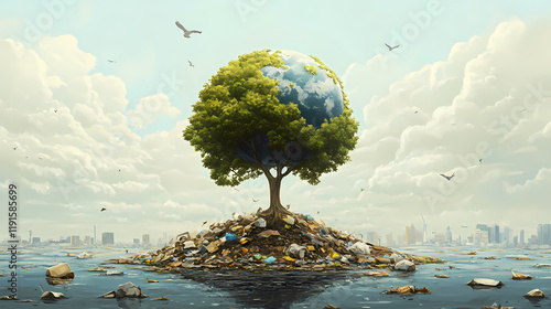 Fototapeta Naklejka Na Ścianę i Meble -  Earth is treated like trash, a stark representation of the devastating ecology problem that our planet faces on a daily basis. Treetide. Illustration