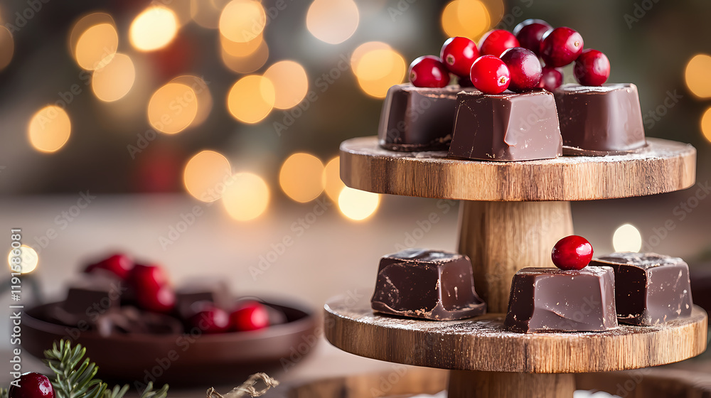 Fototapeta premium Festive chocolate treat on tiered wooden stand with cranberries, blurred christmas lights background. Treetide. Illustration