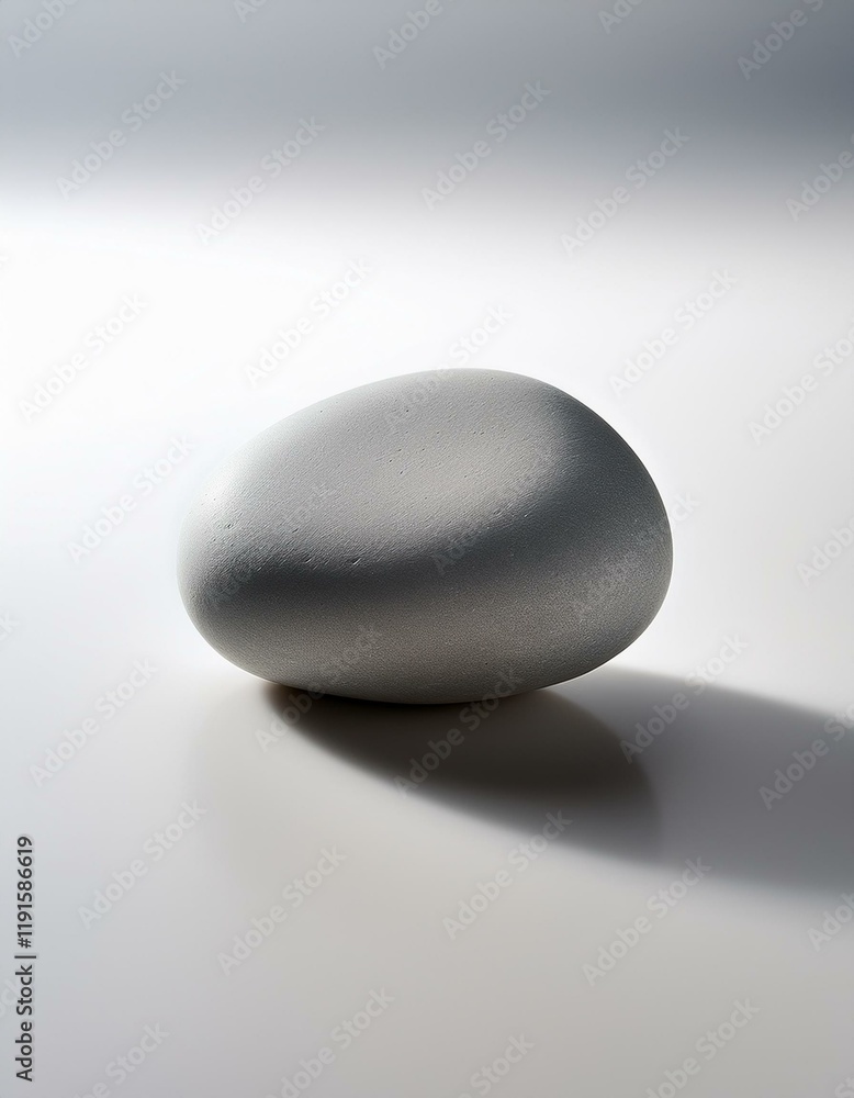 Smooth, gray stone rests on a white surface, casting a subtle shadow. Smooth, gray stone rests on a white surface, casting a subtle shadow.