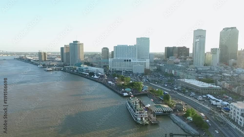 New Orleans Cityscape during French Quarters Music Festival , Louisiana. Mississippi River City Skyline in Background. Sunset Light. Drone New Orleans Cityscape during French Quarters Music Festival , Louisiana. Mississippi River City Skyline in Background. Sunset Light. Drone