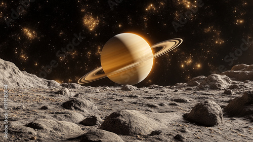 Stunning view of Saturn from a rocky moon with detailed rings in a starry backdrop
