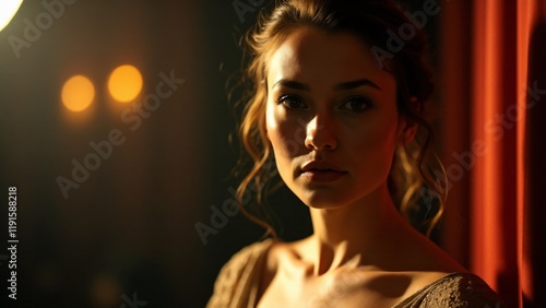 Wallpaper Mural Portrait of an actor/actress in stage attire, blurred theatrical backdrop. Expressive, introspective gaze reflects artistic depth. No hands shown. Torontodigital.ca