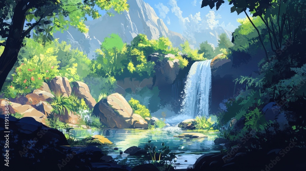 Serene Waterfall Scene in Lush Mountain Valley Serene Waterfall Scene in Lush Mountain Valley