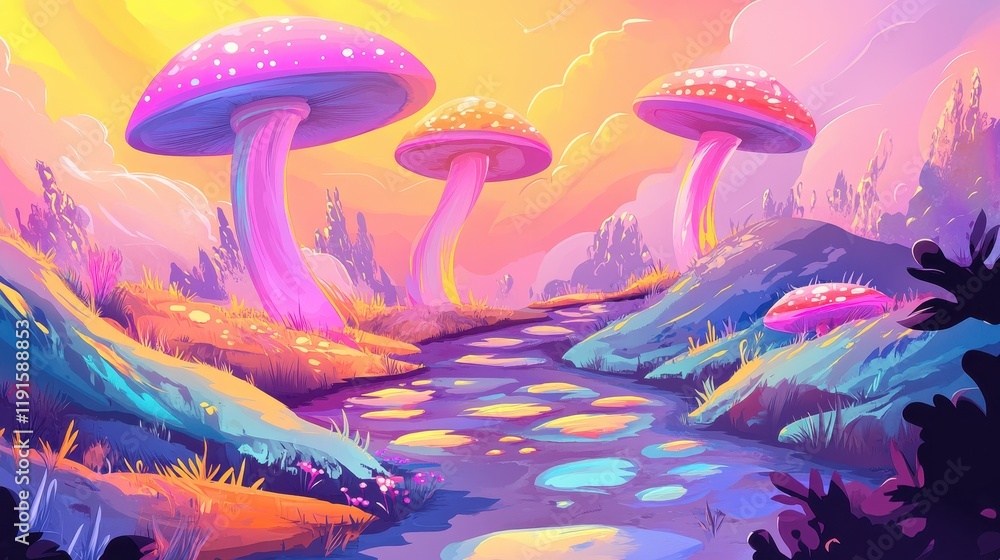 Pastel Mushrooms Beside a Serene Stream in a Fantasy Landscape Pastel Mushrooms Beside a Serene Stream in a Fantasy Landscape