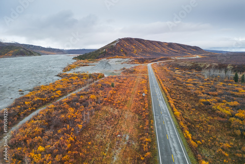 Scenic aerial view of Richardson highway through tundra landscape in Alaska. photo