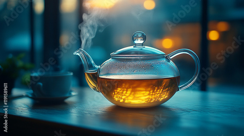 A glass teapot with steam rising in a minimalist kitchen, evoking warmth and clarity with a bright tone and blurred space for a sense of tranquility and simplicity

