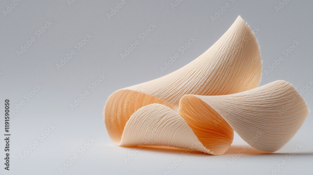 Abstract swirls of pale peach-colored, thin, textured material on a light gray background. Abstract swirls of pale peach-colored, thin, textured material on a light gray background.