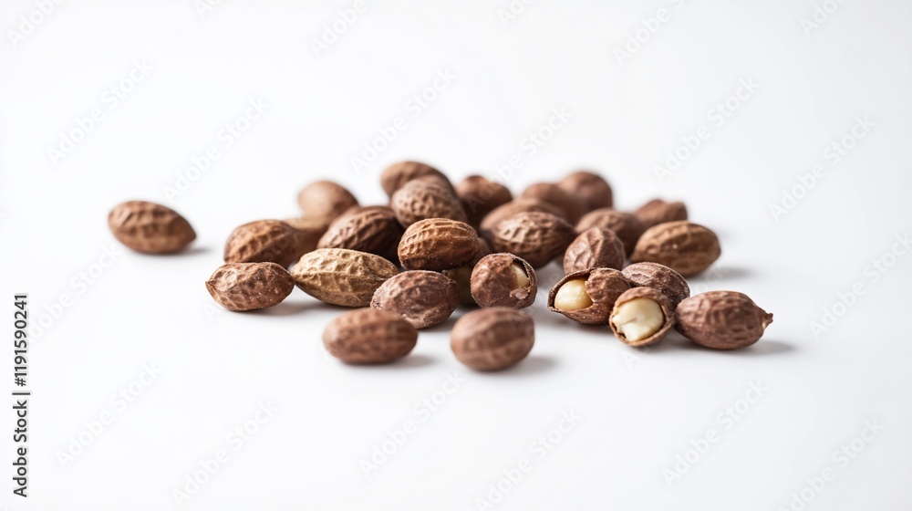 Roasted peanuts in their shells on white background. Roasted peanuts in their shells on white background.