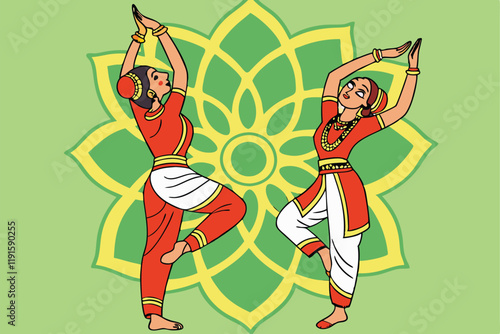Traditional Indian dancers, vibrant red and gold costumes, white dhotis, choreographed formation, Thiruvathirakali dance, Kerala culture, energetic poses, raised arms, joyful expression, colorful illu