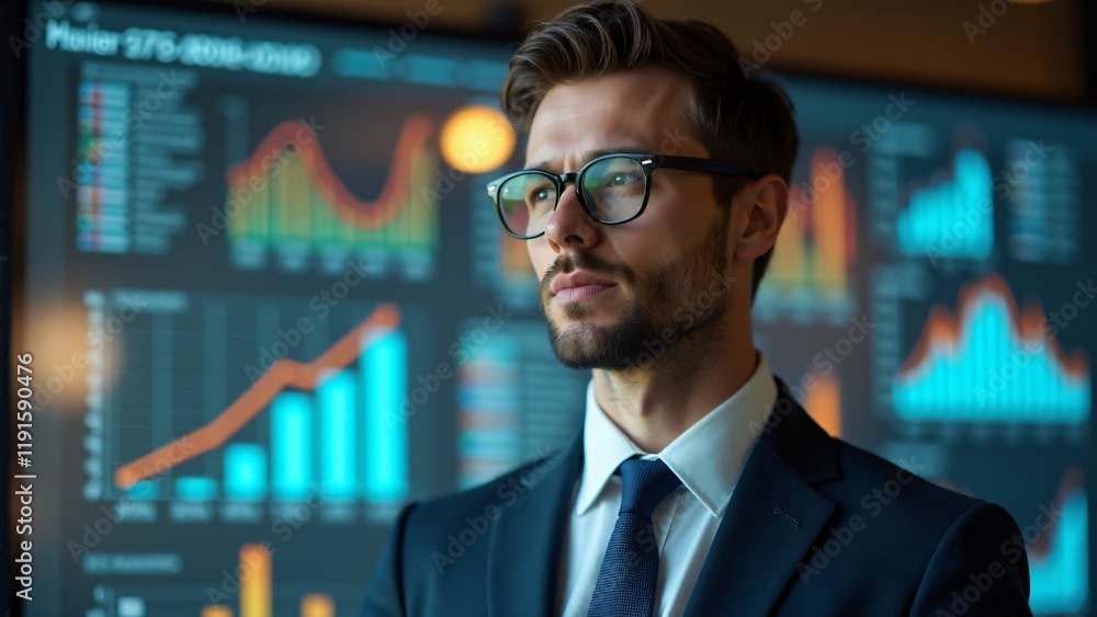 Portrait of a business consultant in a tailored suit, blurred graphs in background. Confident, visionary expression reflects expertise. No hands shown. Portrait of a business consultant in a tailored suit, blurred graphs in background. Confident, visionary expression reflects expertise. No hands shown.