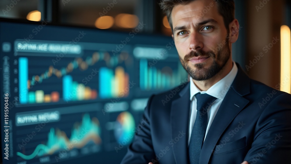 Fototapeta premium Portrait of a business consultant in a tailored suit, blurred graphs in background. Confident, visionary expression reflects expertise. No hands shown.