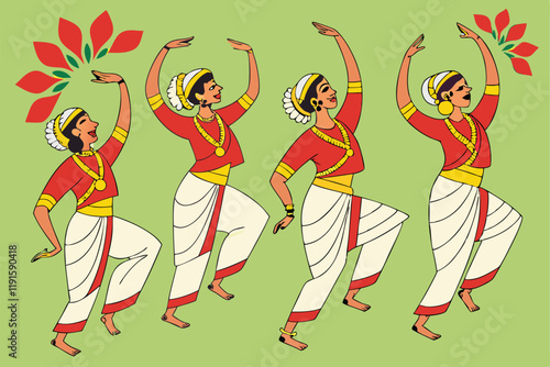 Traditional Indian dancers, vibrant red and gold costumes, white dhotis, choreographed formation, Thiruvathirakali dance, Kerala culture, energetic poses, raised arms, joyful expression, colorful illu