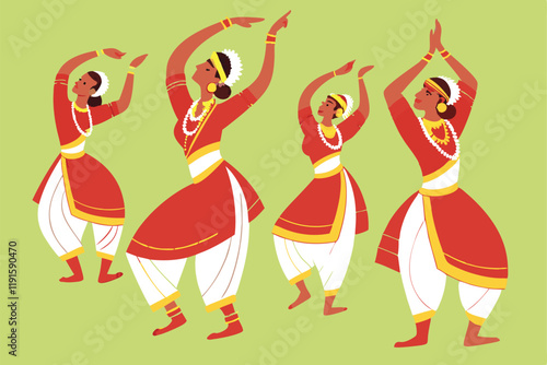 Traditional Indian dancers, vibrant red and gold costumes, white dhotis, choreographed formation, Thiruvathirakali dance, Kerala culture, energetic poses, raised arms, joyful expression, colorful illu