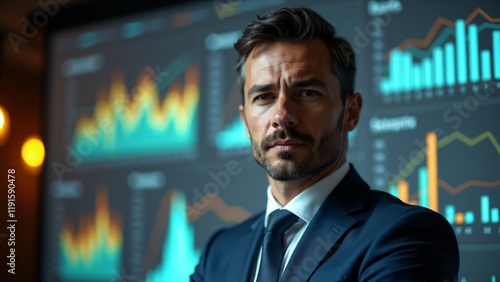 Wallpaper Mural Portrait of a business consultant in a tailored suit, blurred graphs in background. Confident, visionary expression reflects expertise. No hands shown. Torontodigital.ca