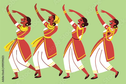 Traditional Indian dancers, vibrant red and gold costumes, white dhotis, choreographed formation, Thiruvathirakali dance, Kerala culture, energetic poses, raised arms, joyful expression, colorful illu