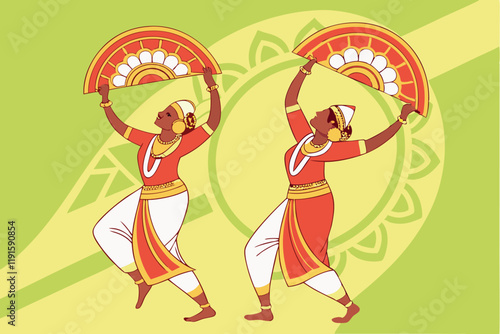 Traditional Indian dancers, vibrant red and gold costumes, white dhotis, choreographed formation, Thiruvathirakali dance, Kerala culture, energetic poses, raised arms, joyful expression, colorful illu