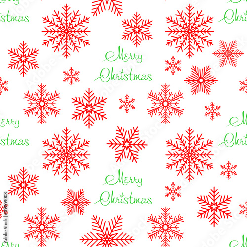 simple seamless red and green Christmas pattern of snowflakes on a white background, texture