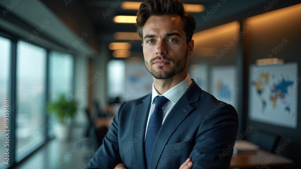 Portrait of a sales manager in a business suit, blurred charts background. Determined, confident expression shows leadership. No hands visible. Portrait of a sales manager in a business suit, blurred charts background. Determined, confident expression shows leadership. No hands visible.