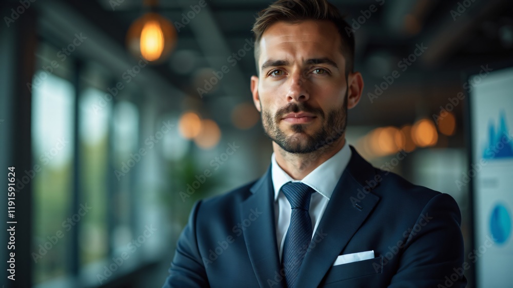 Portrait of a sales manager in a business suit, blurred charts background. Determined, confident expression shows leadership. No hands visible. Portrait of a sales manager in a business suit, blurred charts background. Determined, confident expression shows leadership. No hands visible.