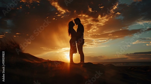 silhouette of a couple man and woman in love in the sunset