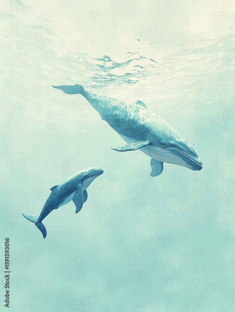 Fototapeta premium Mother whale and calf swim gracefully in clear blue ocean depths. Generative AI
