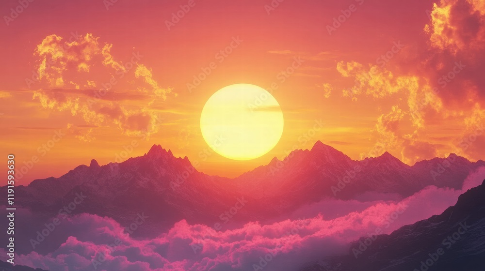 Fototapeta premium Bright sunrise illuminating majestic mountain peaks with vibrant colors over fluffy clouds. Generative AI