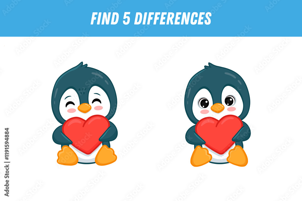 Obraz premium Find 5 differences between two pictures of cute penguin with red heart. Cartoon animal in flat style. Educational logical game for children. 