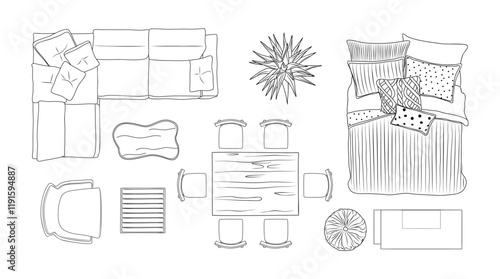 Furniture outline Top view. Set of line art elements for interior design of flat, house, apartment above view plan. Overhead contoured bed, sofa, chairs, plant, tables. Isolated Vector collection.