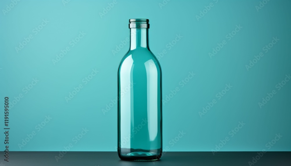 A clear glass bottle sits on a table A clear glass bottle sits on a table
