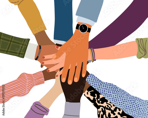 Hands of diverse business people putting together. Concept of cooperation, unity, togetherness, partnership, teamwork, support. Flat cartoon vector illustration isolated on white background.