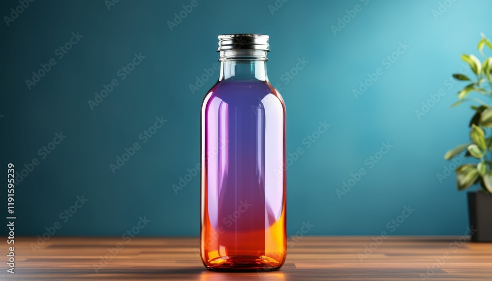 A bottle of liquid with a purple and orange label sits on a wooden table A bottle of liquid with a purple and orange label sits on a wooden table