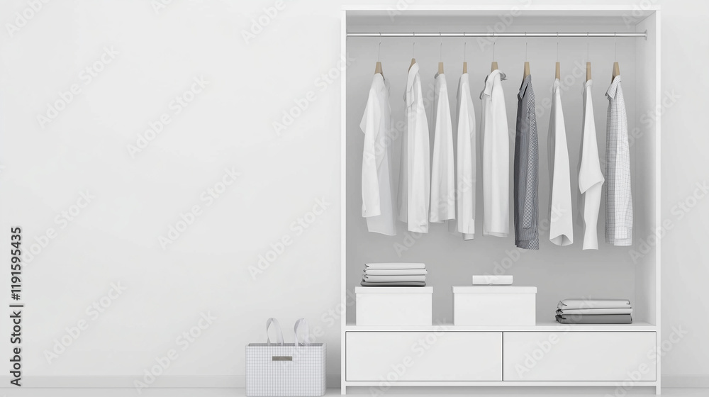 Organizing a built-in closet, wardrobe arrangement. White office shirts for both men and women and boxes in the closet. Copyspace Organizing a built-in closet, wardrobe arrangement. White office shirts for both men and women and boxes in the closet. Copyspace