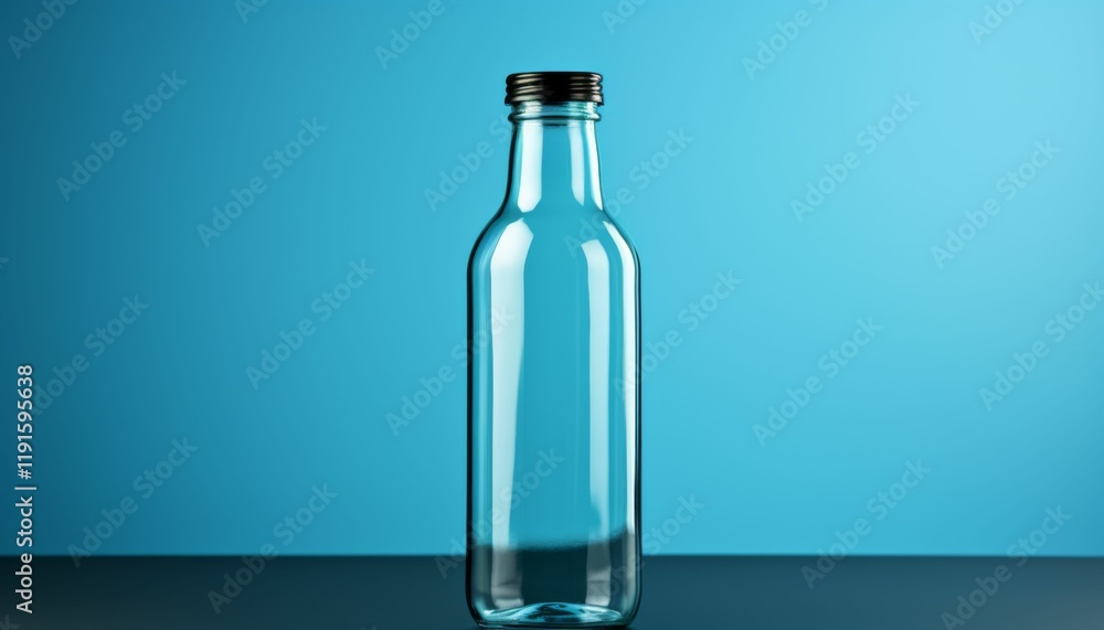 A clear bottle sits on a blue table A clear bottle sits on a blue table