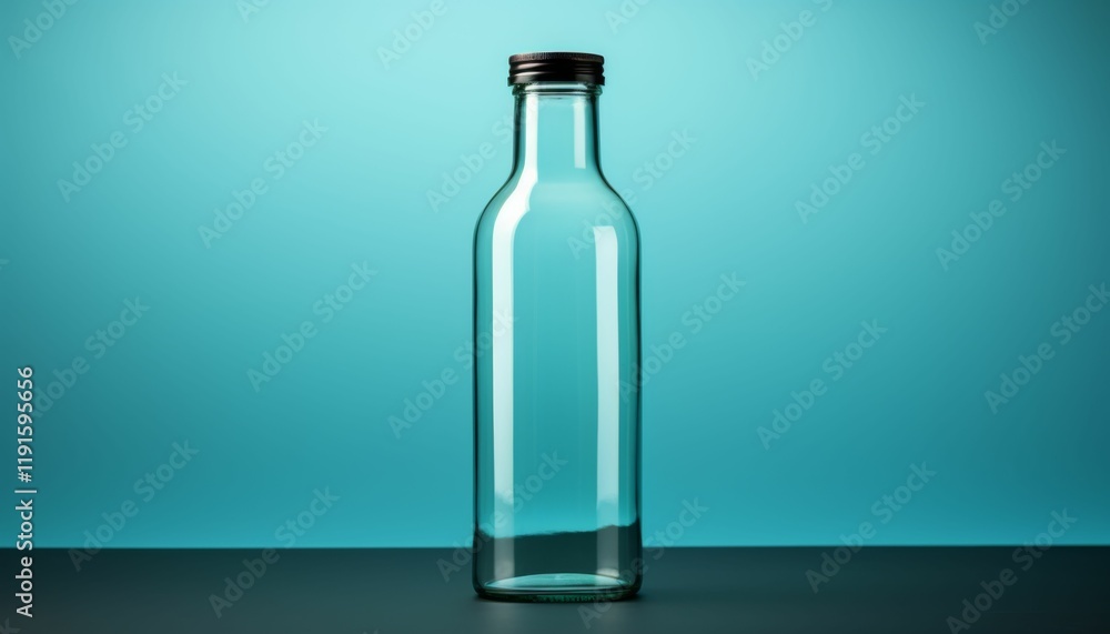 A clear glass bottle sits on a table A clear glass bottle sits on a table