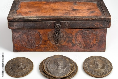 A wooden chest filled with gleaming gold coins rests on a surface, revealing unique engravings and textures, suggesting a rich history and valuable treasures inside photo