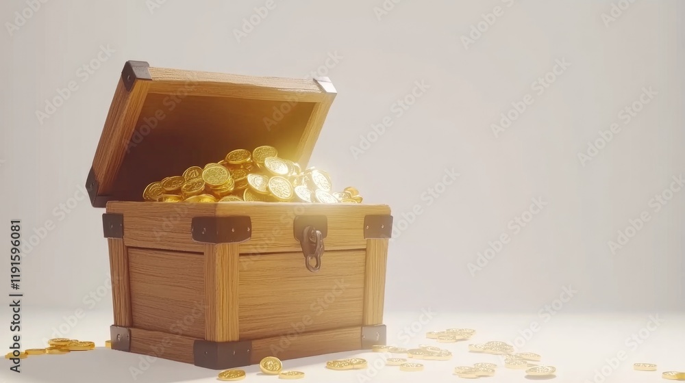 A wooden chest stands open, revealing a wealth of shimmering gold coins spilling out. Soft light enhances the shiny coins' appearance against a neutral background A wooden chest stands open, revealing a wealth of shimmering gold coins spilling out. Soft light enhances the shiny coins' appearance against a neutral background