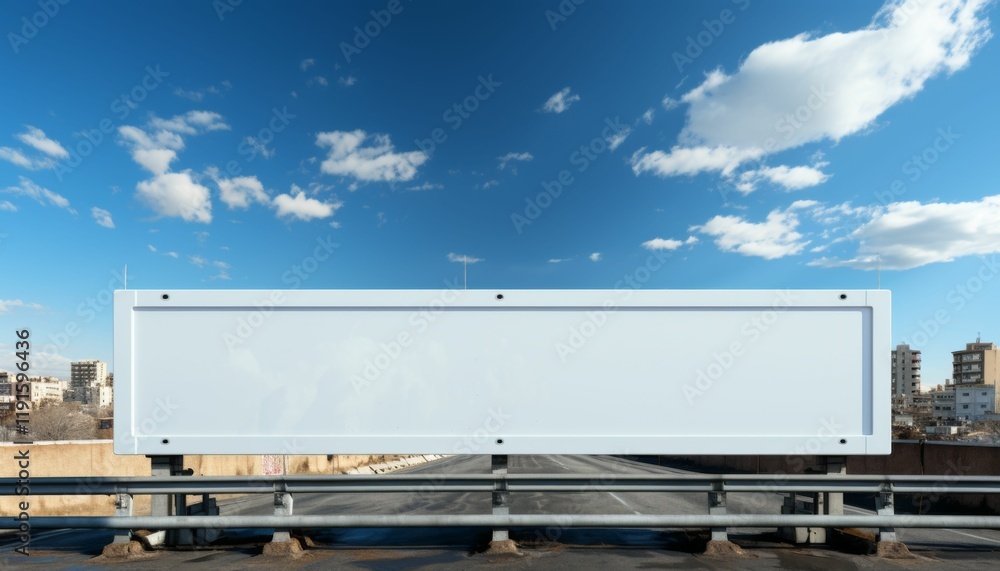 A large white billboard sits on a bridge A large white billboard sits on a bridge