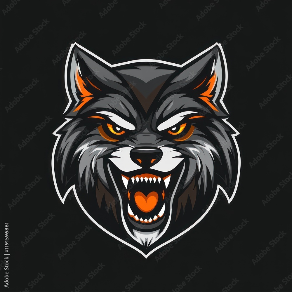 Wolf head growling, front view, black background. Mascot use Wolf head growling, front view, black background. Mascot use
